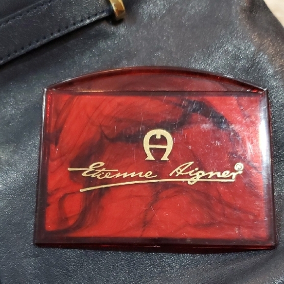 Etienne Aigner Black Leather Shoulder Bag with Gold Accents Plus Pocket Mirror - Picture 10 of 14